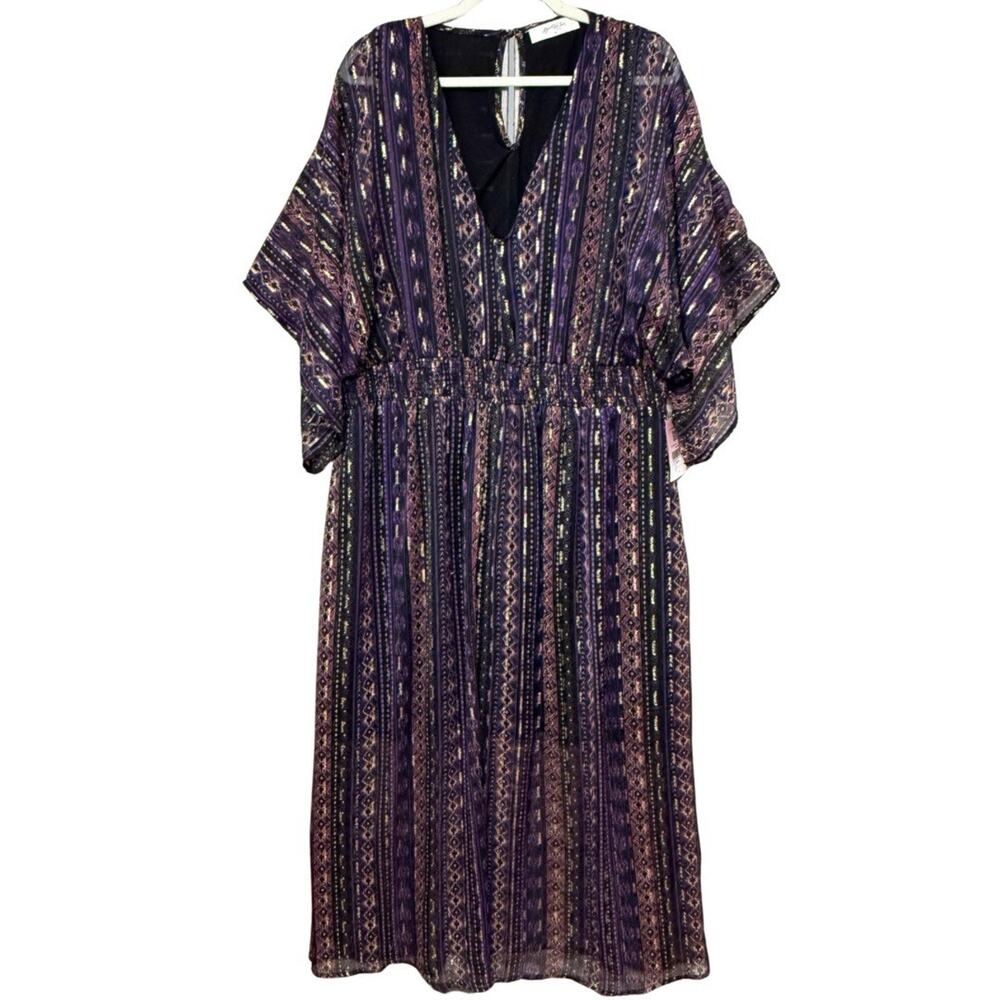 A Beautiful Soul Kimono Sleeve Midi Dress Size 2X Purple Metallic Lined NWT